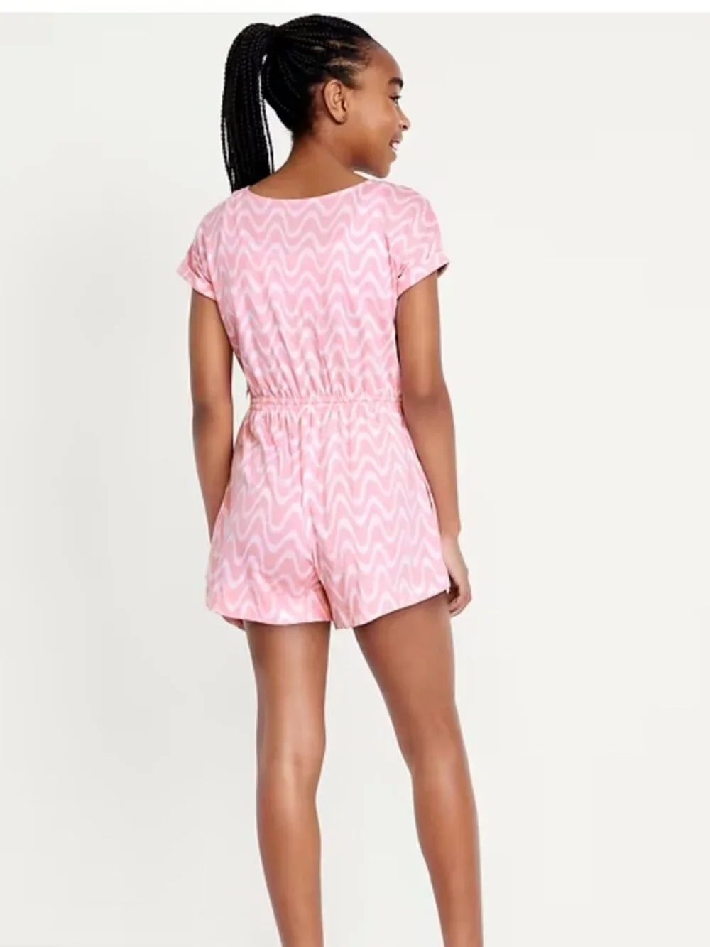 Old Navy Printed Short-Sleeve Button-Front Romper for Girls Pink Wave M